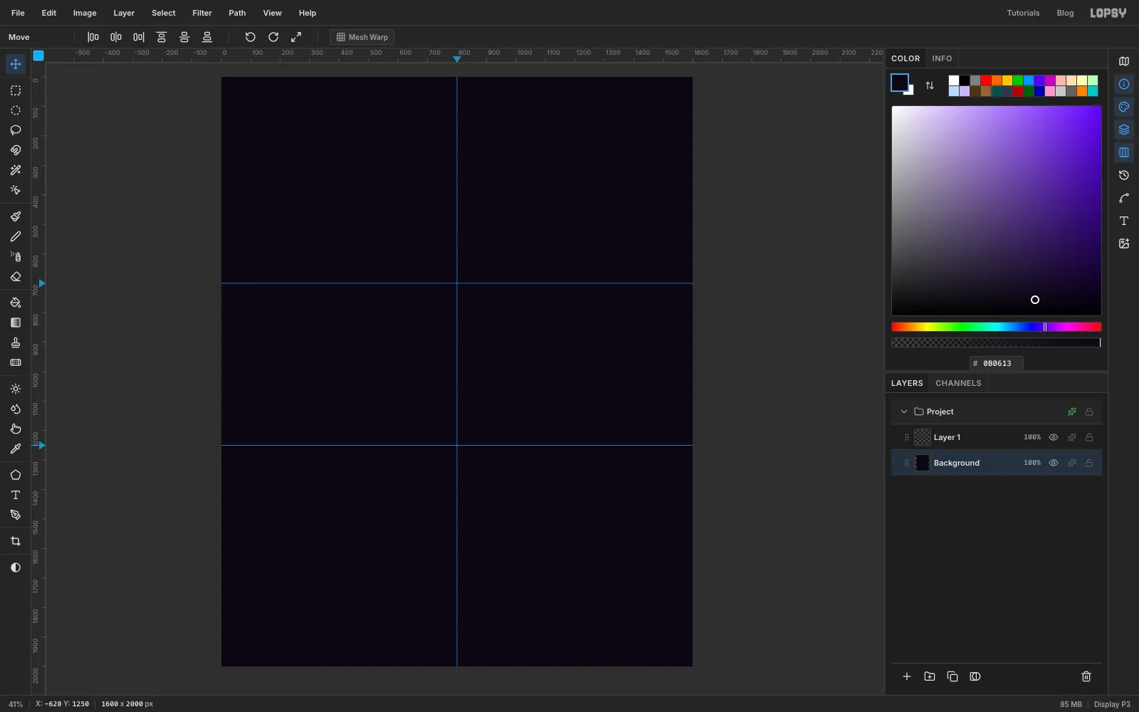 A 1600 by 2000 canvas filled with near-black, with a vertical guide down the middle and two horizontal guides
