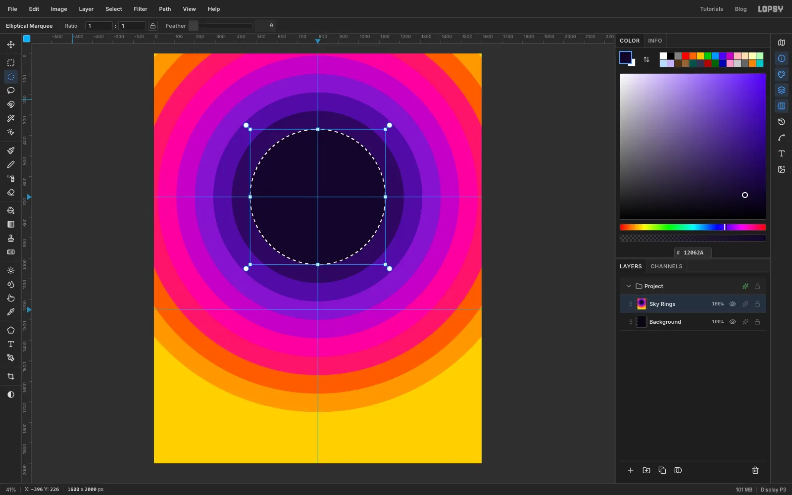 Rings of yellow, orange, pink, magenta, violet and indigo spread out from the guide crossing, with the smallest circle still selected