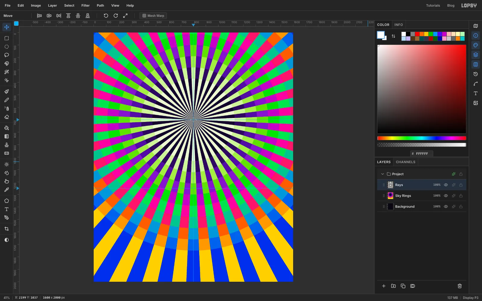 Where a ray crosses a ring, the ring turns to its opposite colour: green, lime, blue and pale yellow alternate with the original magenta and violet