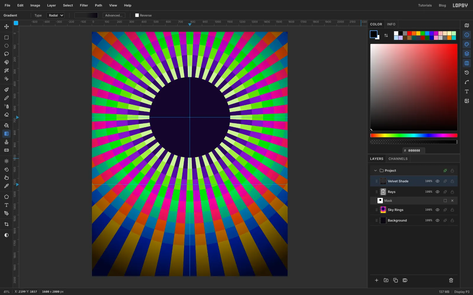 The corners and edges of the sky are darker, and the colours glow most strongly near the centre