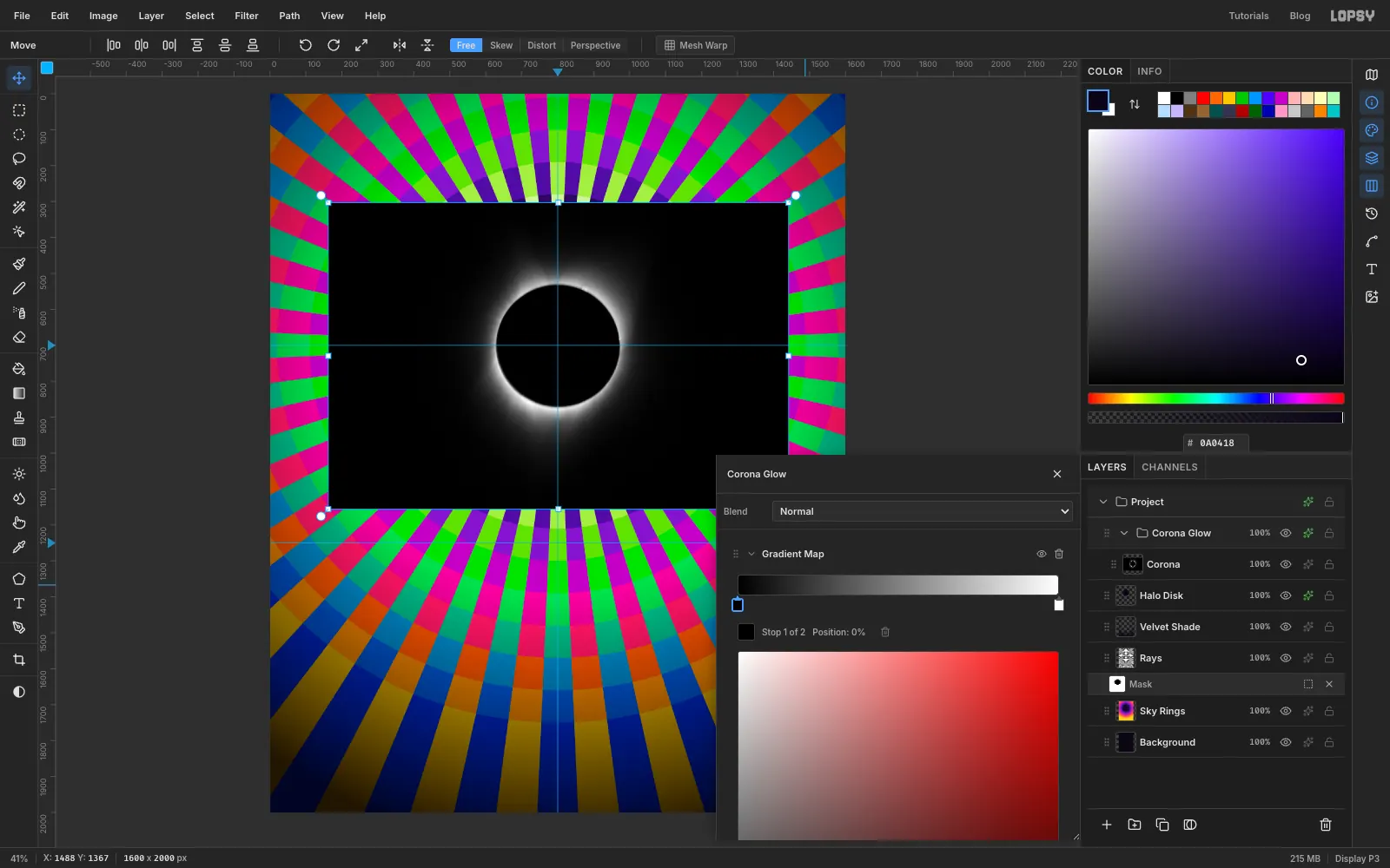 The Corona Glow group's effects drawer, with the photo showing as a black rectangle and a new Gradient Map adjustment