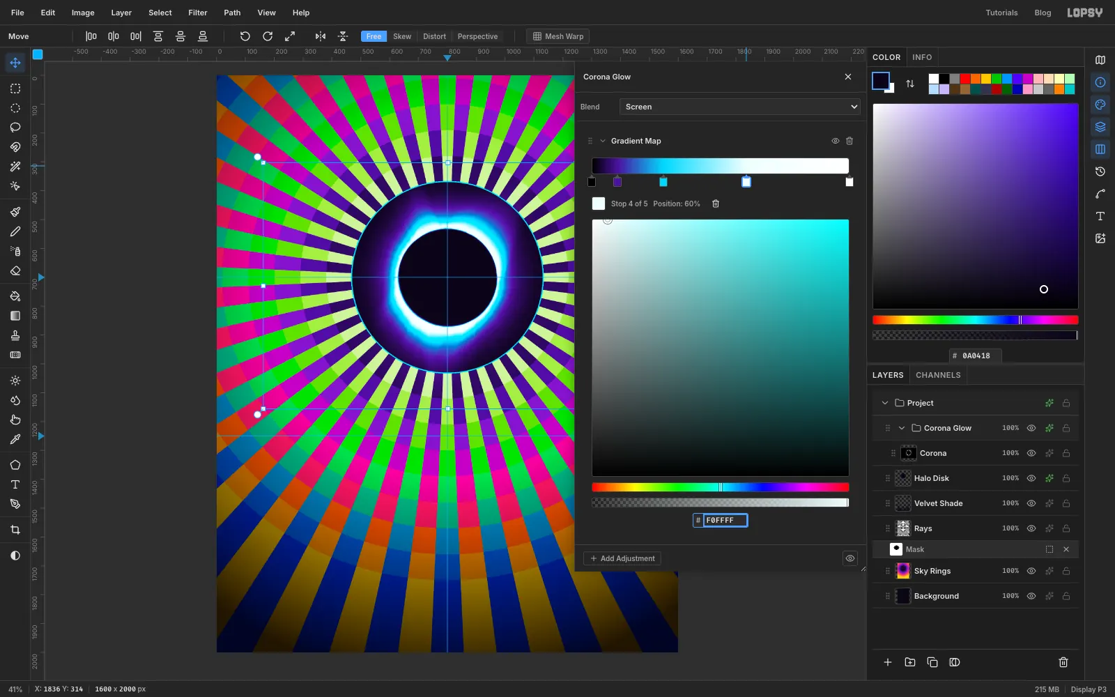 The corona glows violet, cyan and white inside the dark disc, and the black rectangle is gone