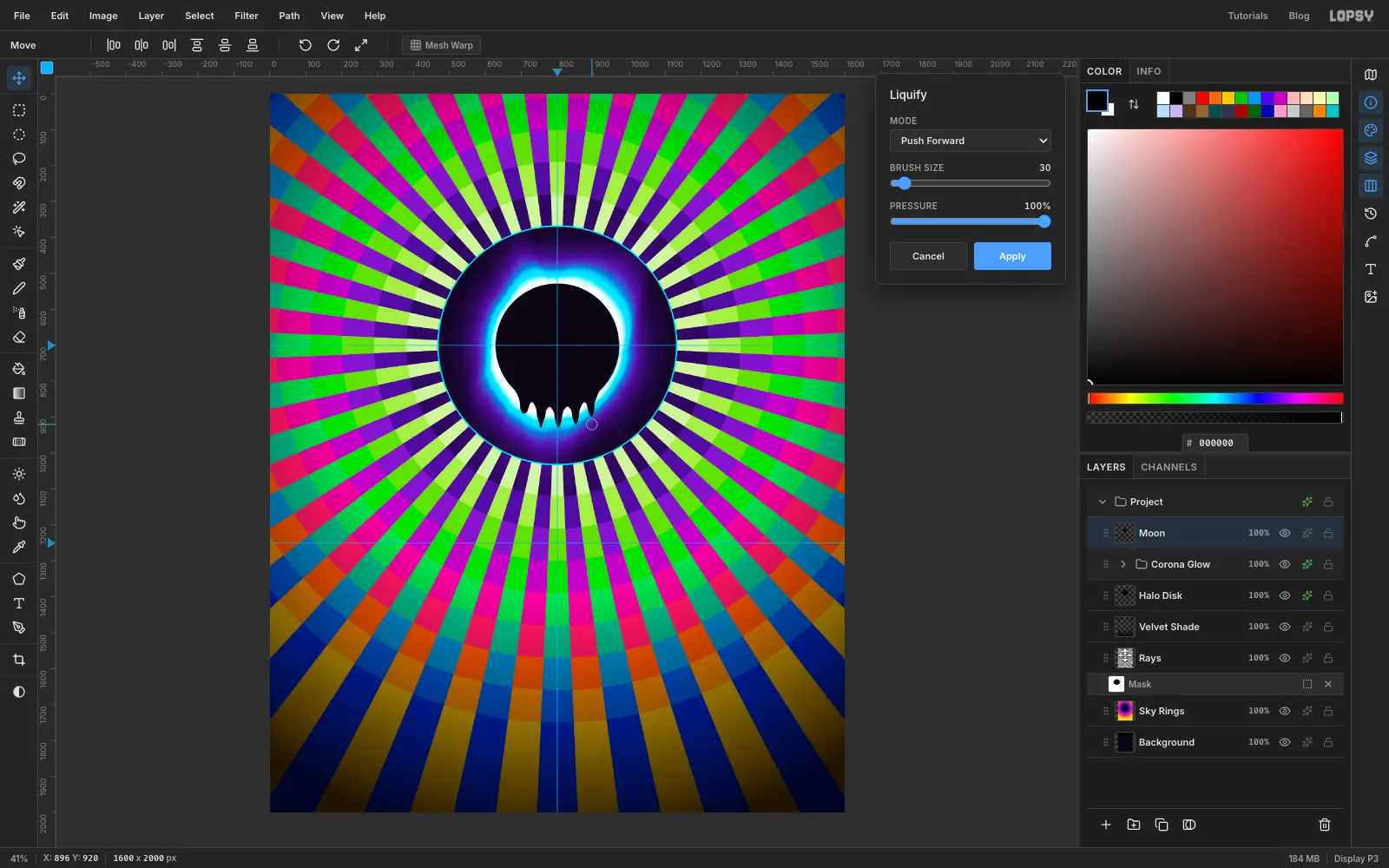 The Liquify panel is open on Push Forward, and five black drips run down from the moon's lower edge