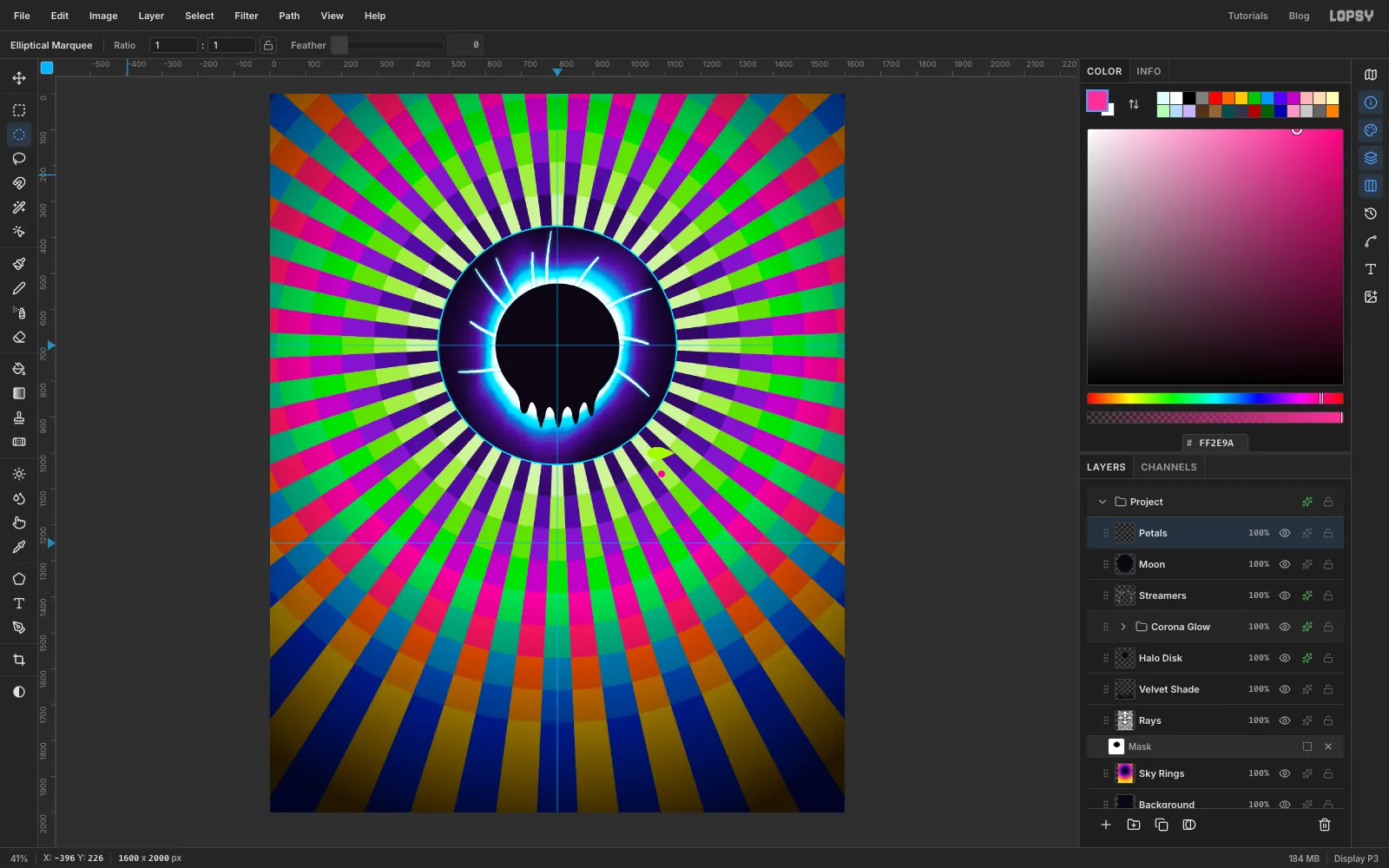 A single lime petal and a pink dot sit to the right of the canvas centre