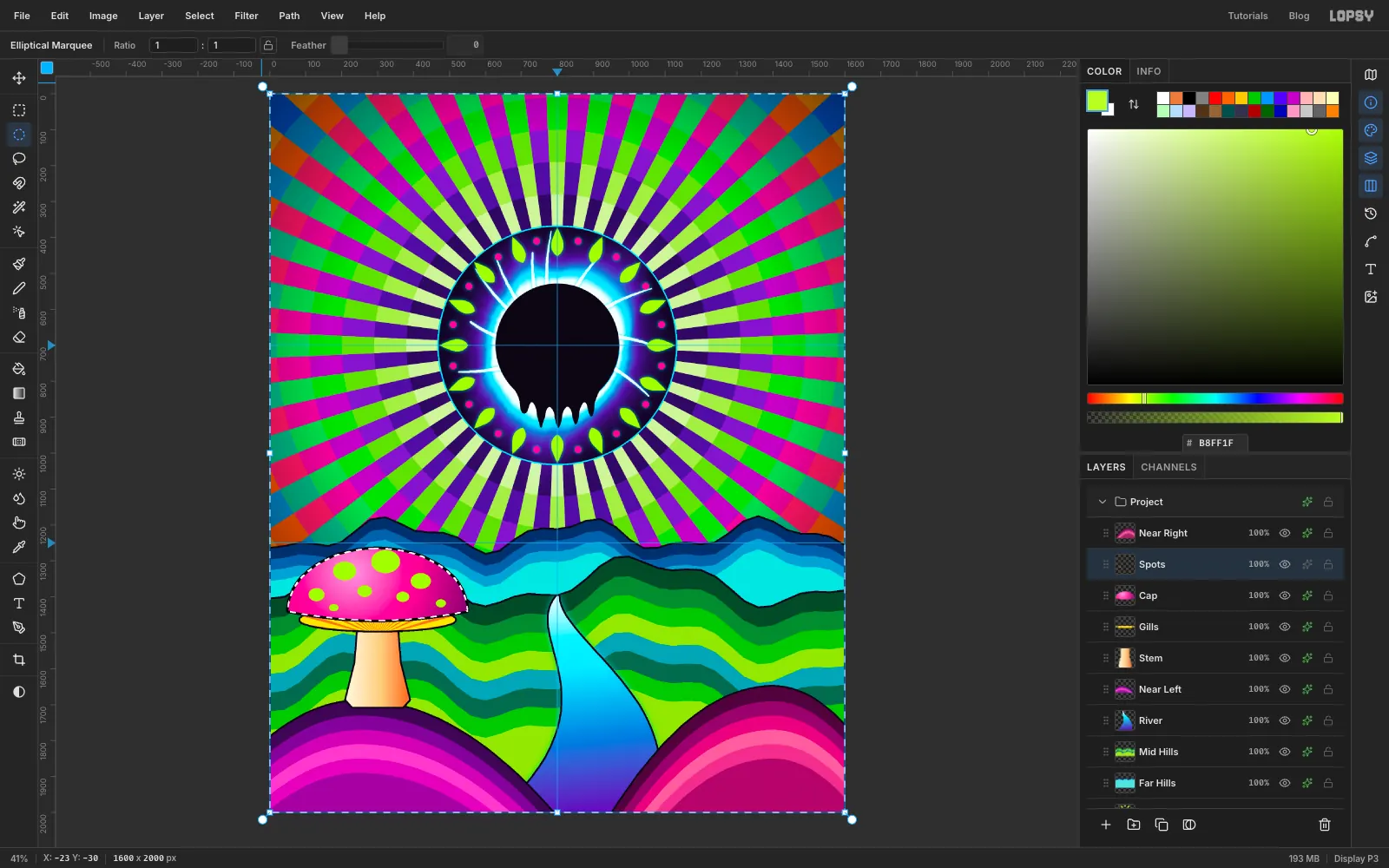 The whole canvas outside the cap is selected while the lime spots are trimmed