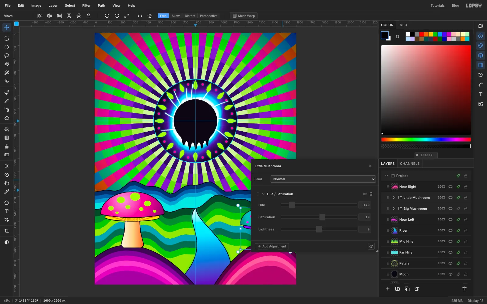 The Little Mushroom's Hue / Saturation adjustment has turned its cap cyan, its spots magenta and its stem violet