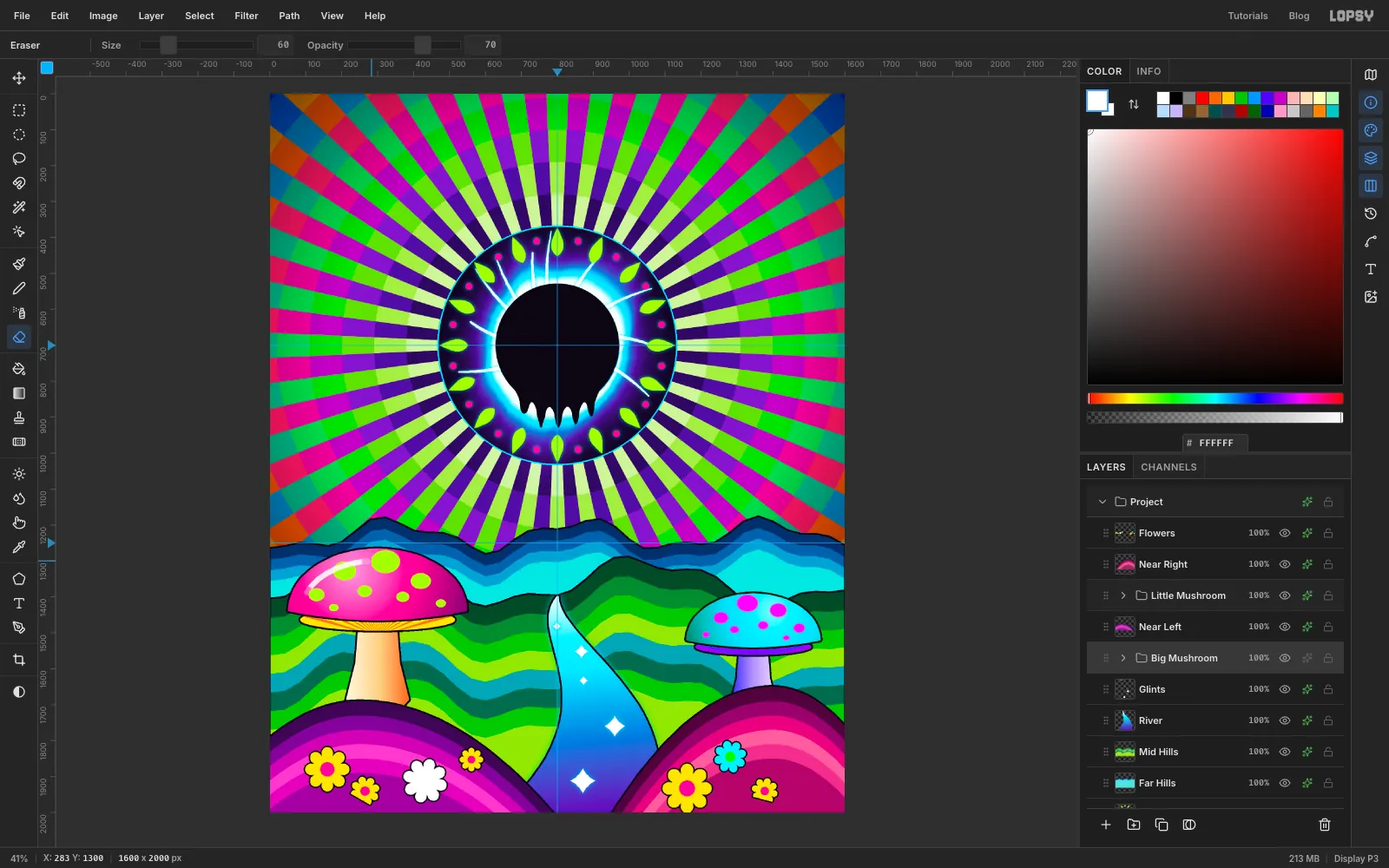 In the Layers panel the Big Mushroom group now sits below Near Left