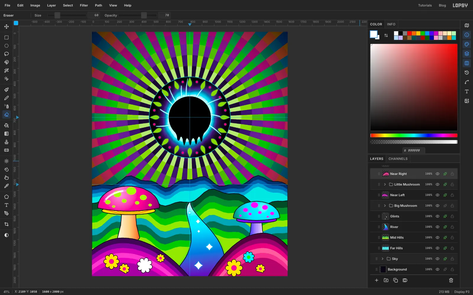 The Layers panel shows the Land and Sky groups, and the sky is a little deeper and less saturated