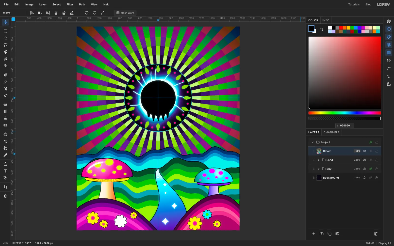 A merged copy of the painting with Bloom applied glows softly around the brightest rays and sparkles