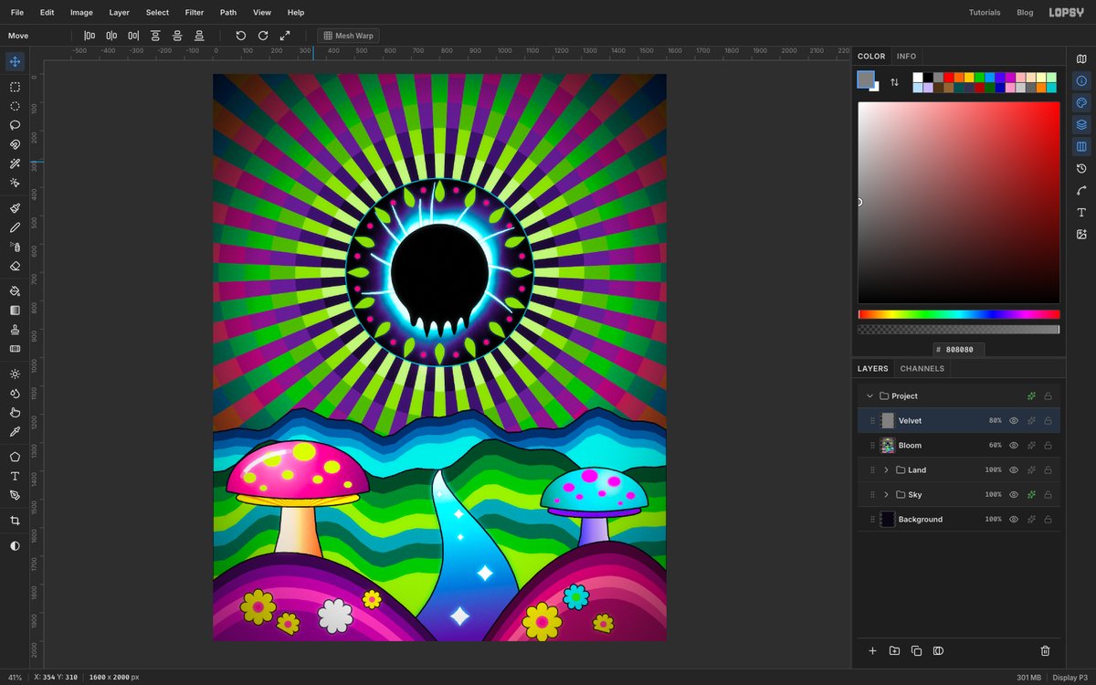 Lopsy with the finished Velvet Eclipse painting open. A black eclipse with melting drips sits in a ring of green petals at the centre of green, magenta and violet op-art rays, above banded blue and green hills, a glowing river, a pink and a cyan mushroom, and daisies on two magenta hills. The Layers panel shows the Velvet, Bloom, Land and Sky layers.