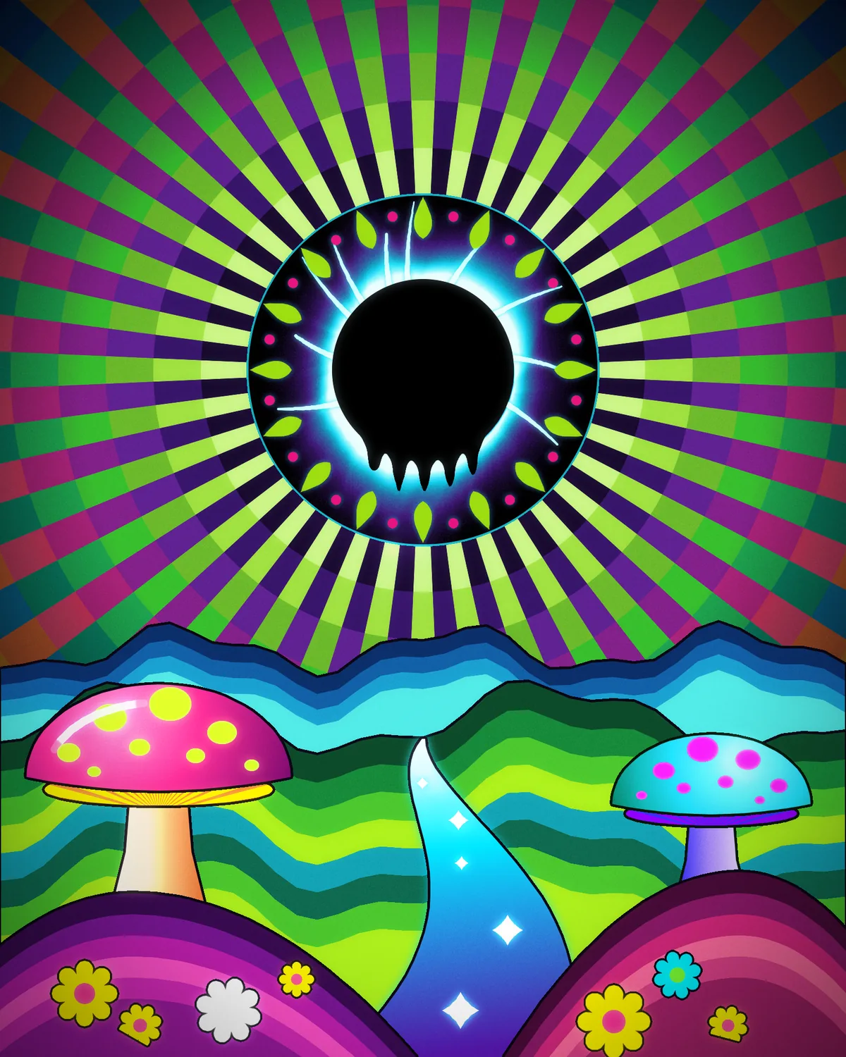 The finished painting. A black sun with five drips melting off its lower edge glows with a cyan and white corona inside a dark disc edged in neon blue. Sixteen lime petals and pink dots circle it. Around the disc, thin rays alternate across concentric rings, so each ring flips between green, magenta, violet and lime, and the corners fade to near black. Below, wavy hills in stripes of navy, blue and cyan, then green, lime and teal, roll back to the horizon. A cyan river with white sparkles winds from the green ridge to the bottom edge. A large pink mushroom with lime spots stands on the left hill, a smaller cyan mushroom with magenta spots on the right, and yellow, white and cyan daisies dot the striped magenta hills in front.