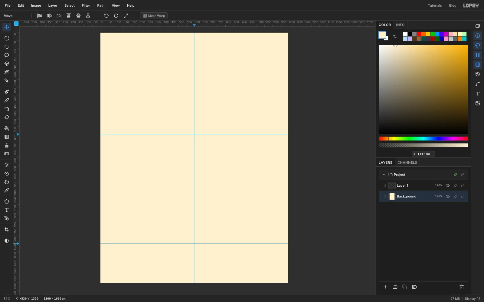 A blank 1200 by 1600 canvas filled with cream, with a vertical guide down the middle and two horizontal guides