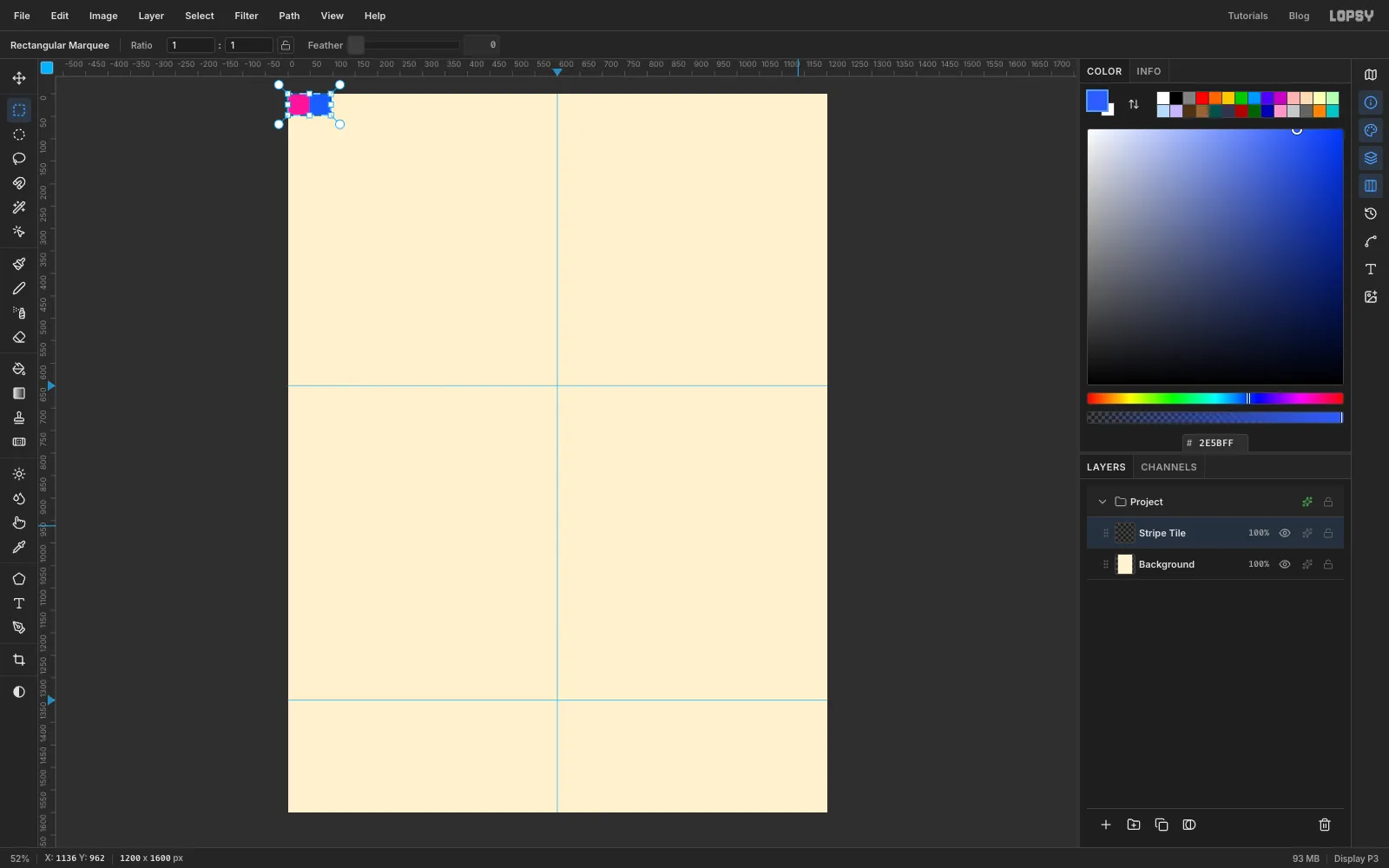 A tiny pink and blue tile in the top left corner of the canvas, selected with marching ants