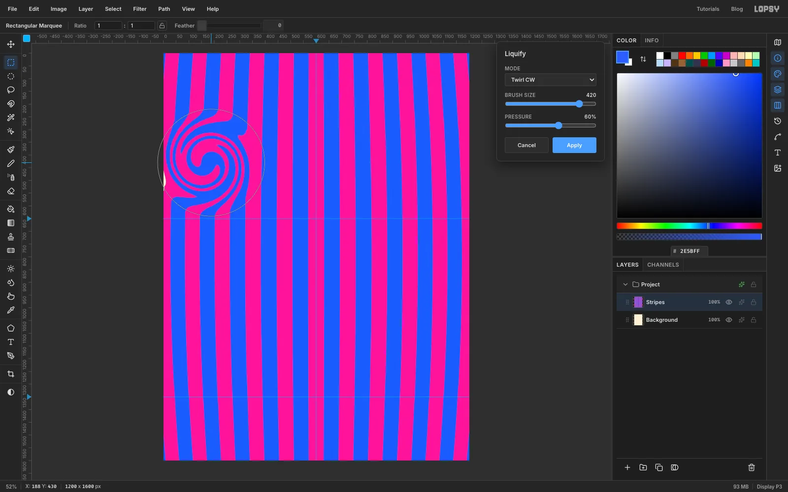 The Liquify panel set to Twirl CW with a 420 pixel brush, and the first swirl appearing in the stripes on the left