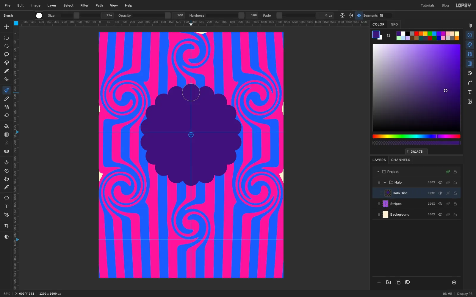Eighteen round bumps around the violet disc, making a scalloped edge, with the brush's radial symmetry turned on