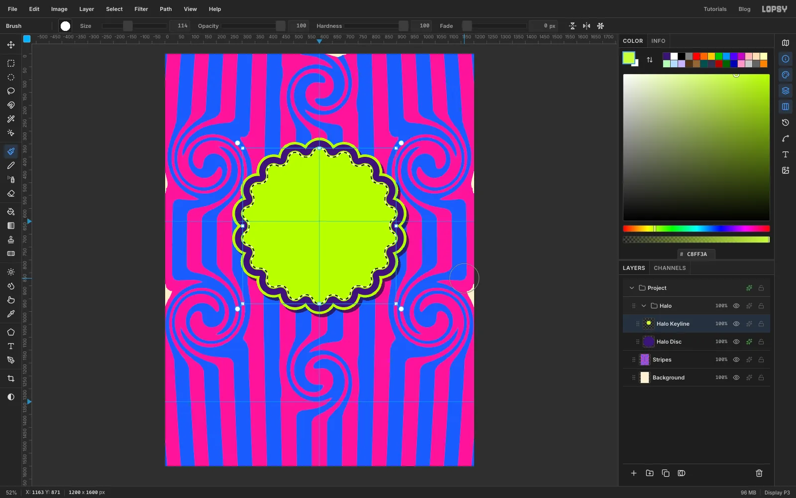 A lime fill inside the halo, with a second selection shrunk six pixels inside it, ready to be deleted