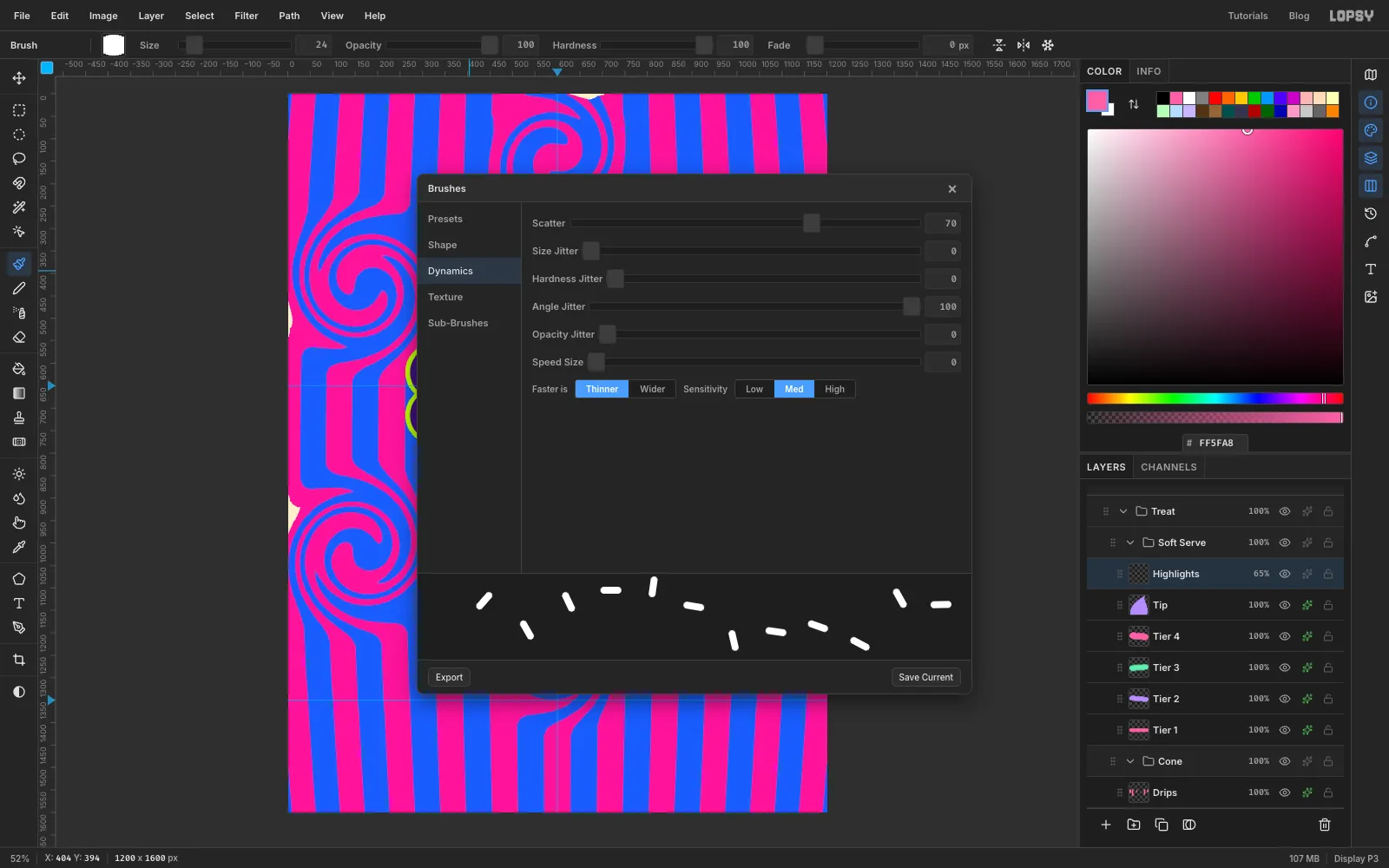 The Brushes panel's Dynamics tab with Scatter and Angle Jitter set and a stroke preview of scattered sprinkles