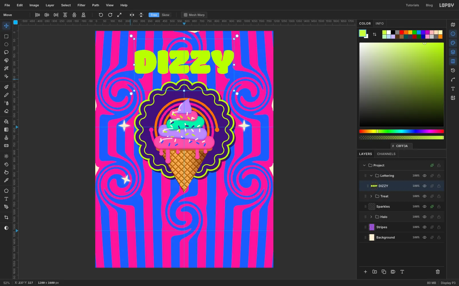 The word DIZZY in fat lime bubble letters centred across the top of the page