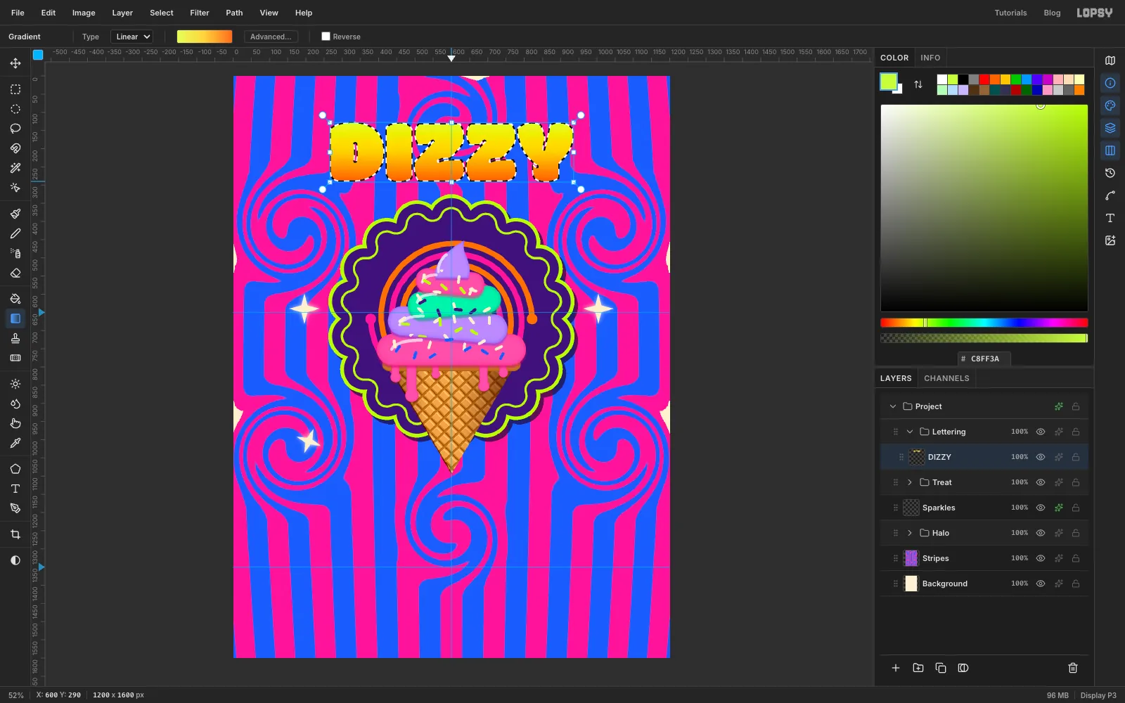 The DIZZY letters filled with a gradient from lime-yellow at the top to orange at the bottom, with the letter shapes selected