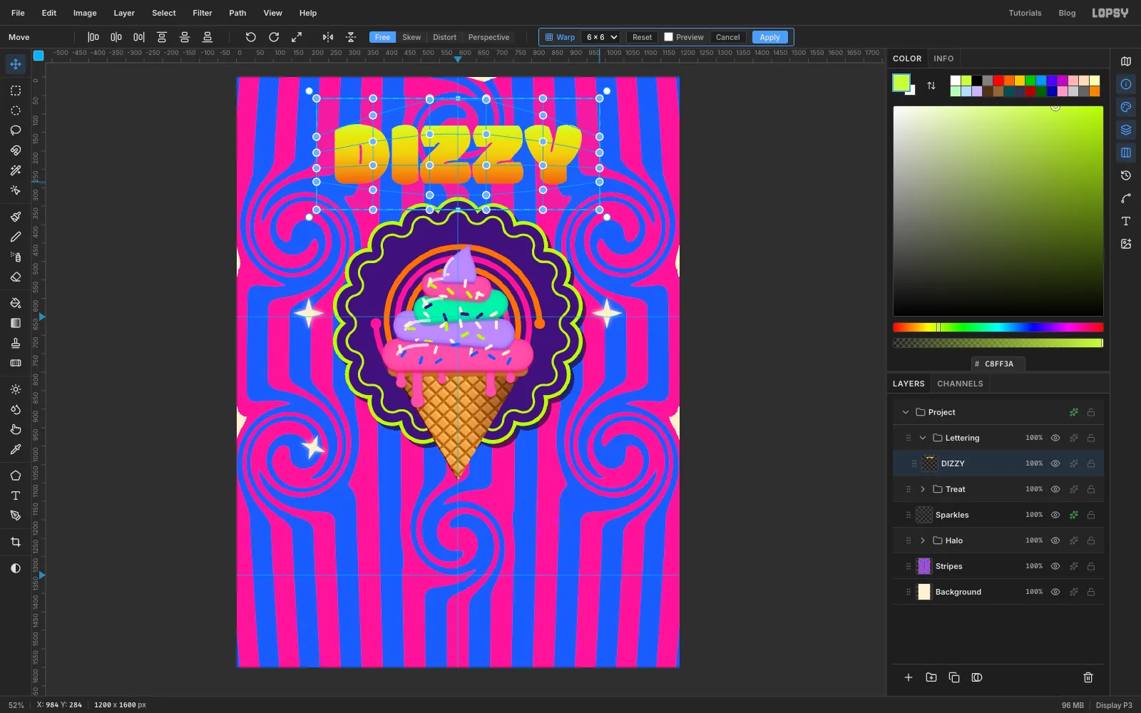 A six by six mesh warp grid over DIZZY, with the second row of points pulled up in the middle and down at the ends
