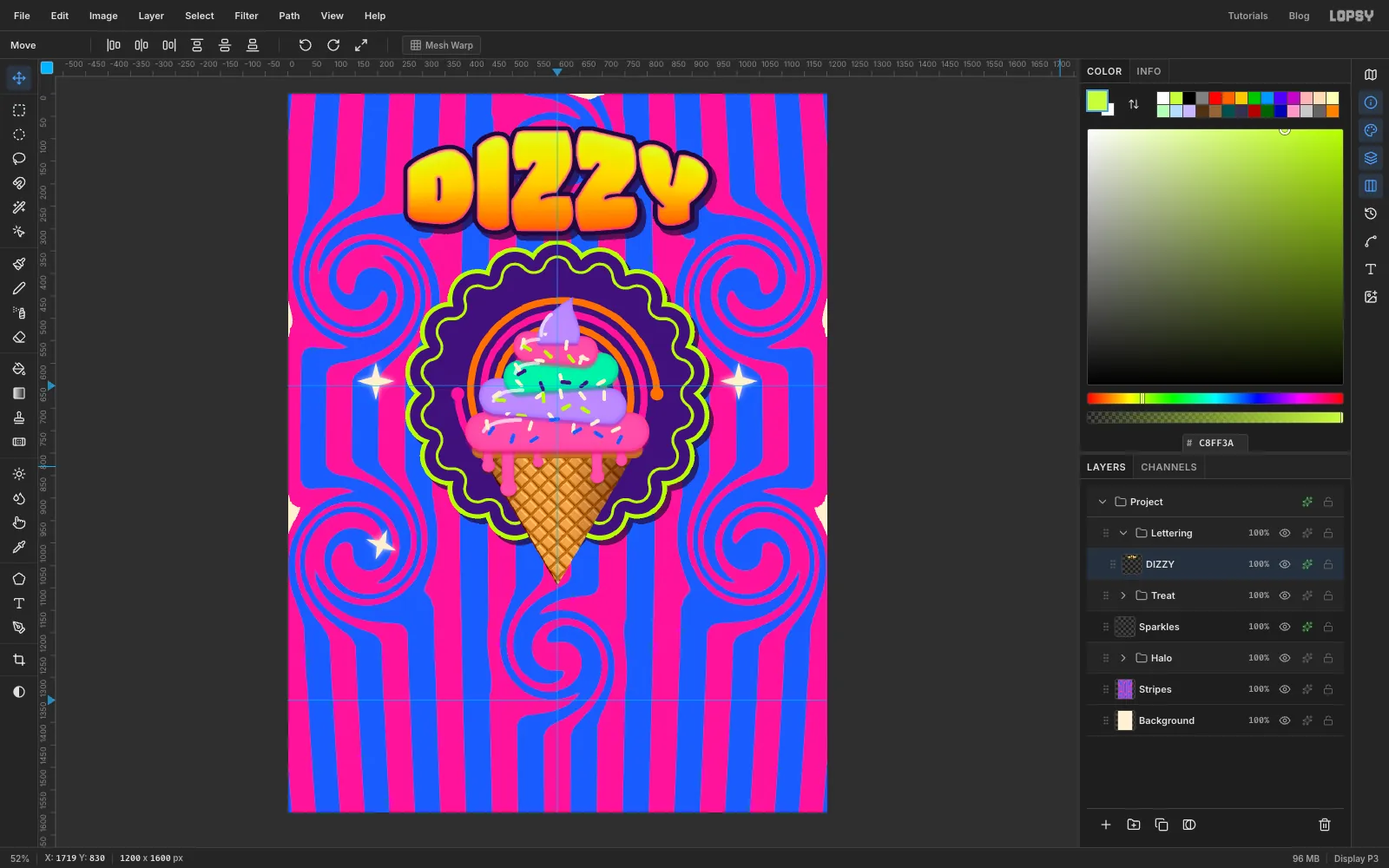 DIZZY arched over the halo with a dark outline, a hard dark shadow and a thin pink line just inside each letter