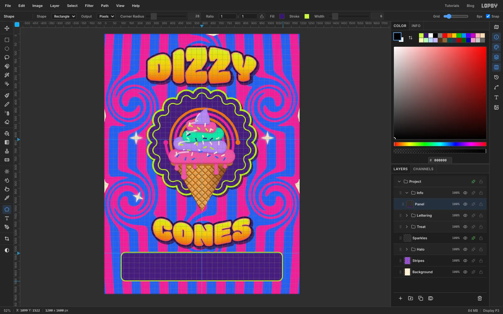The 8 pixel grid shown over the page and a rounded violet panel with a lime outline snapped to it along the bottom