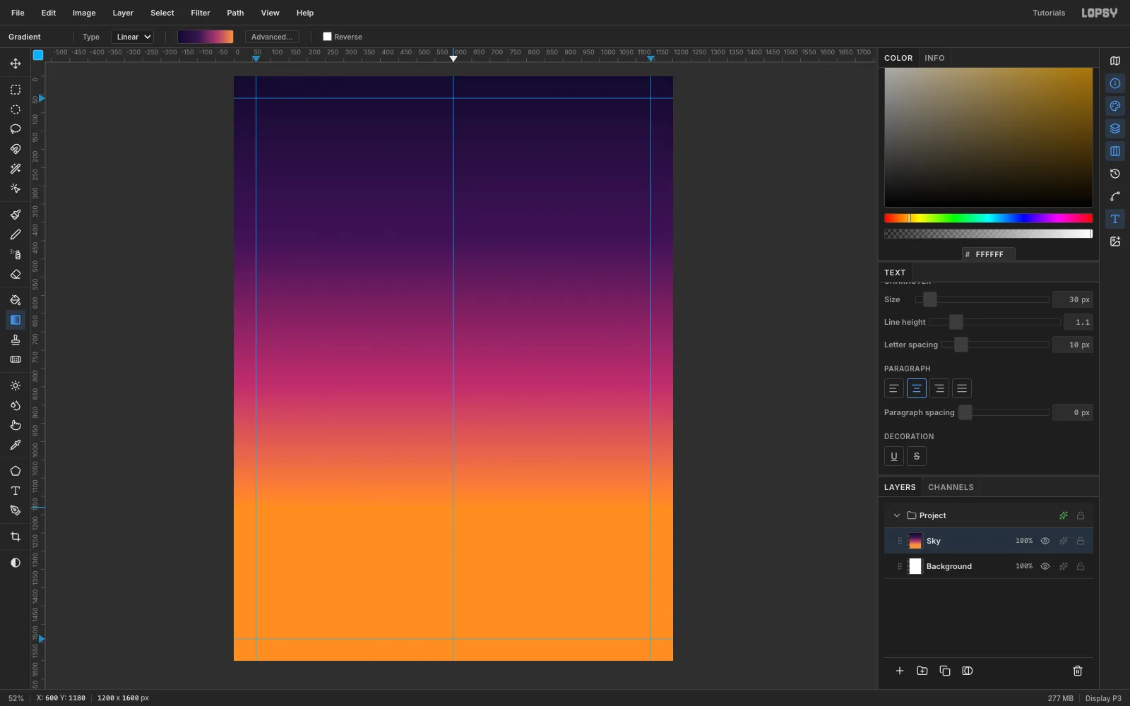A new 1200 by 1600 document with guides at x 60, 600 and 1140 and y 60 and 1540, filled with a smooth purple-to-orange sunset gradient