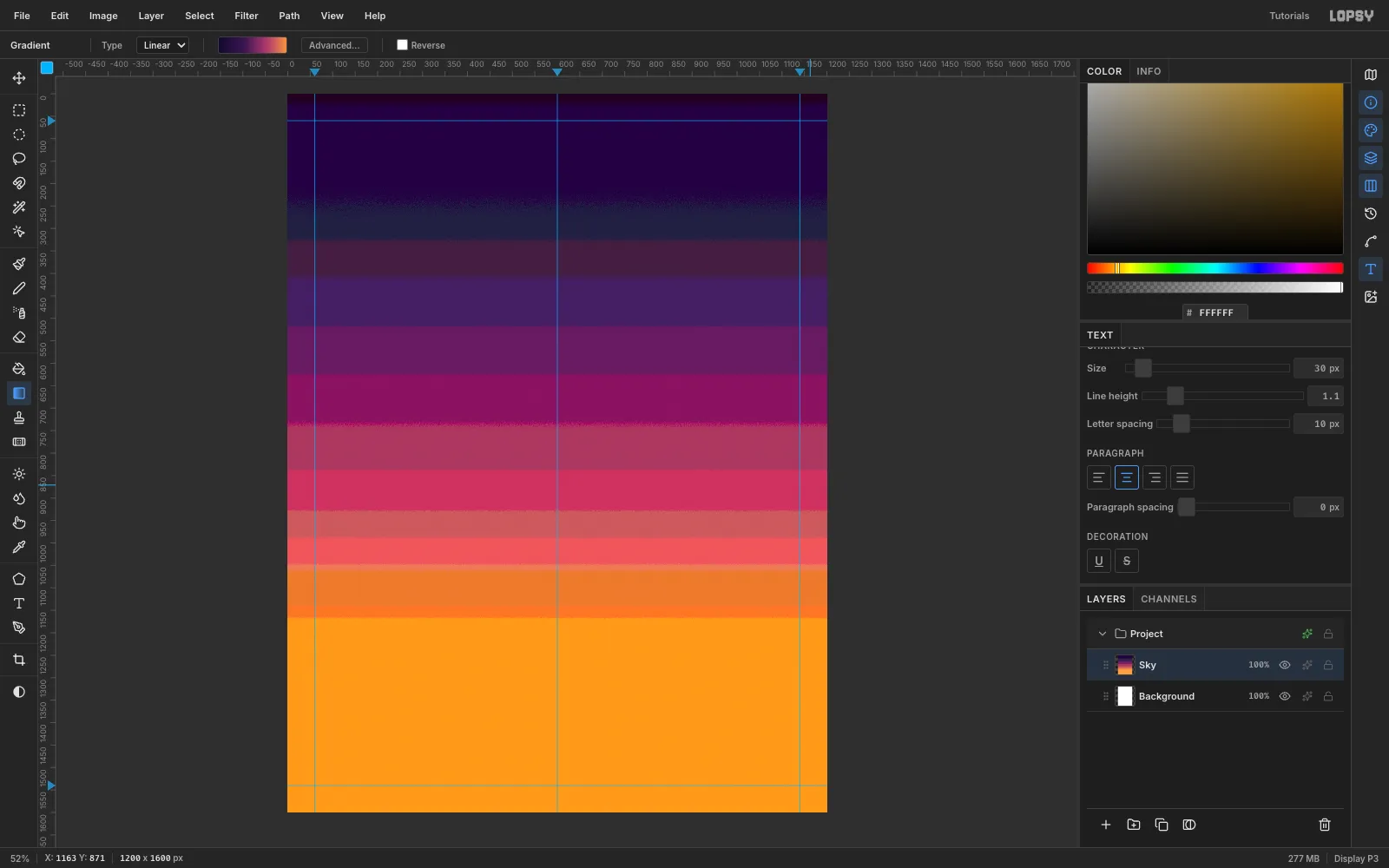 The sunset sky after Posterize, now nine flat horizontal color bands with slightly dithered edges