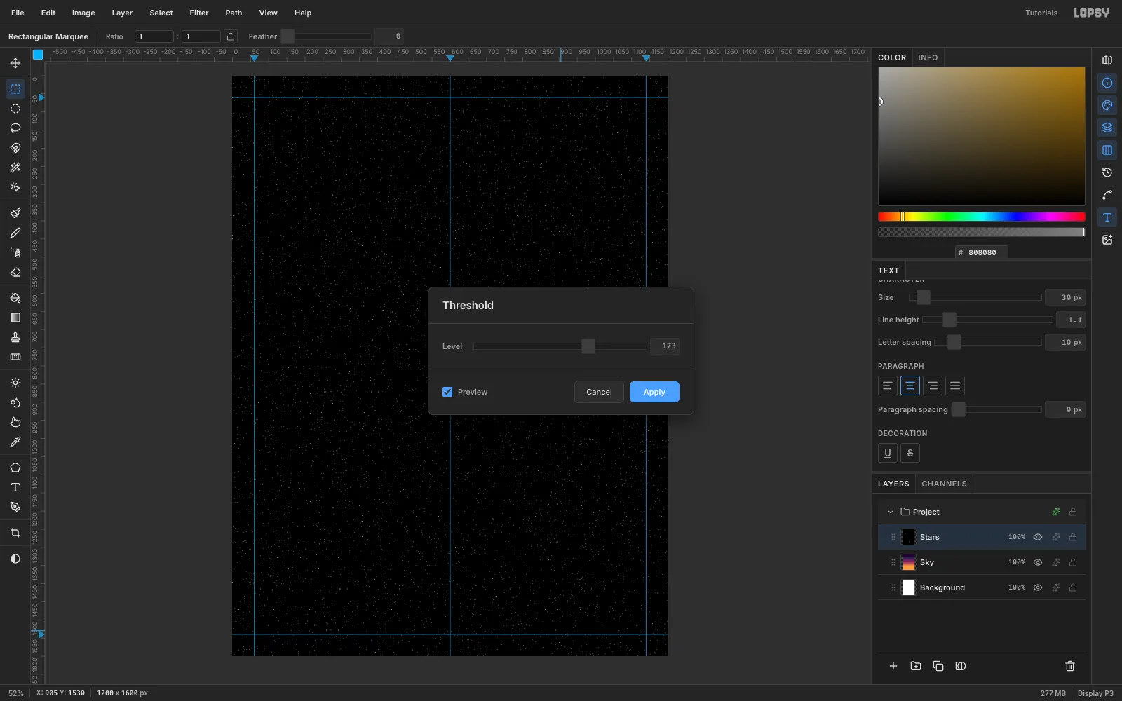 The Threshold dialog previewing scattered white star specks on black over the whole canvas