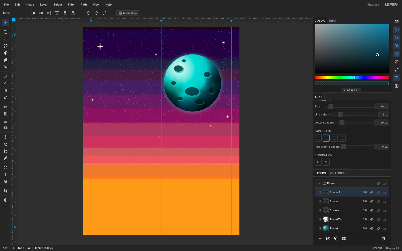 The planet now dark on its lower-right side and glowing faintly teal against the sky