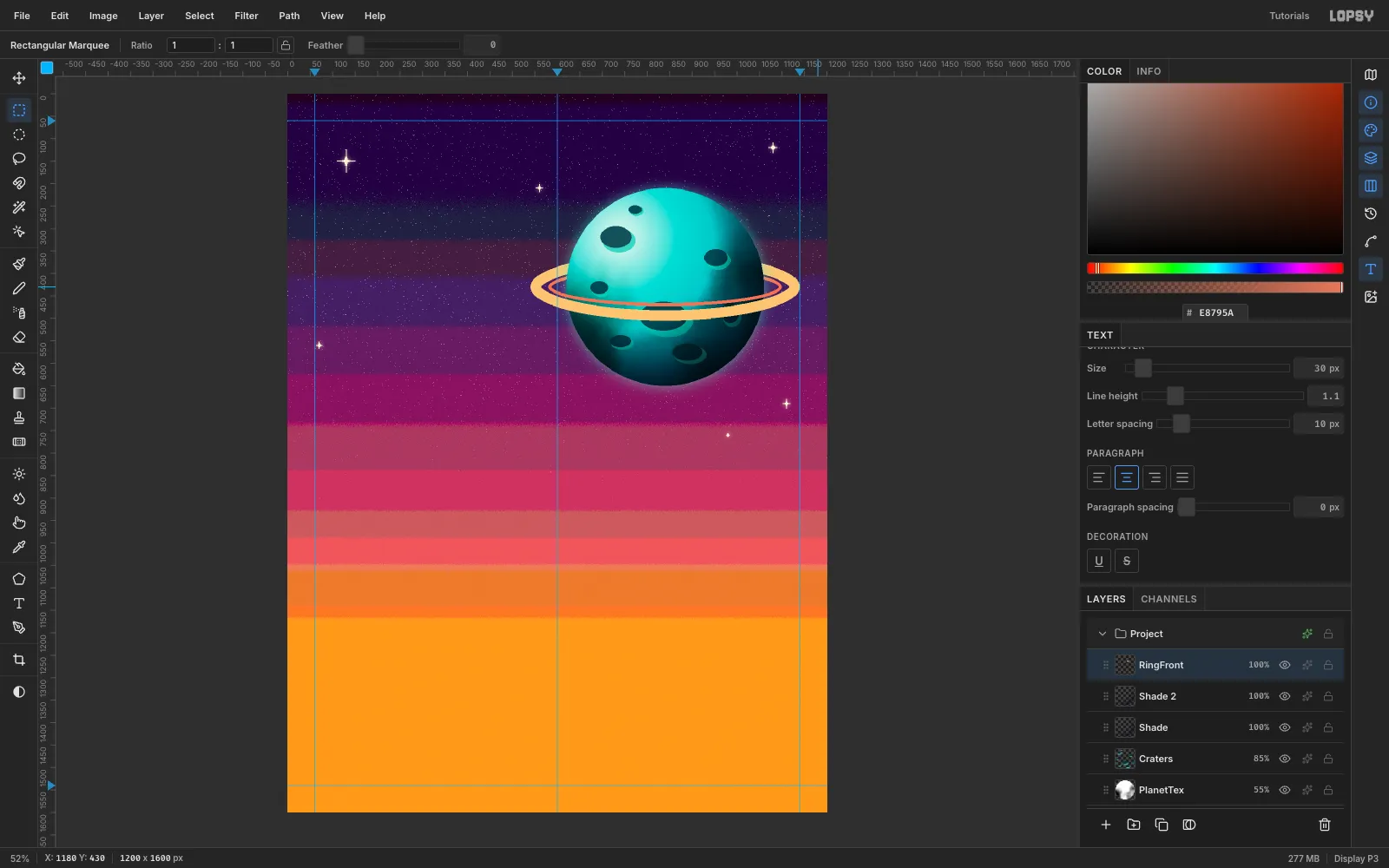 A flat orange and coral ring crossing the planet: its back half is hidden behind the sphere and its front half passes in front
