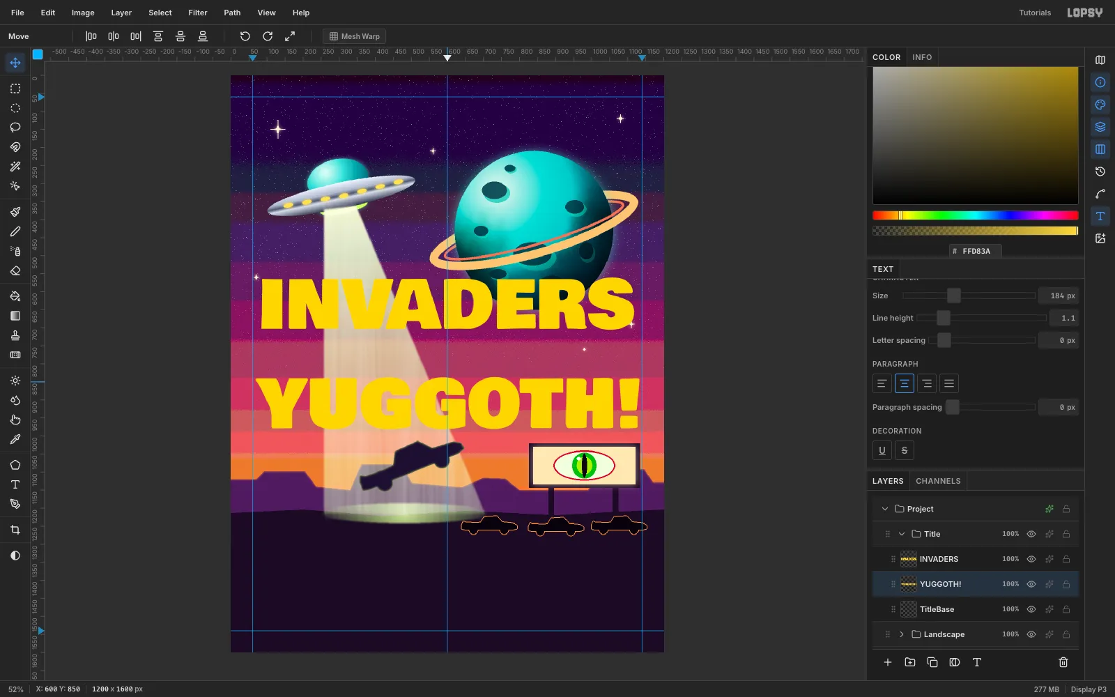 INVADERS and YUGGOTH! typed in big yellow Bowlby One SC capitals, centred on the page above the beam