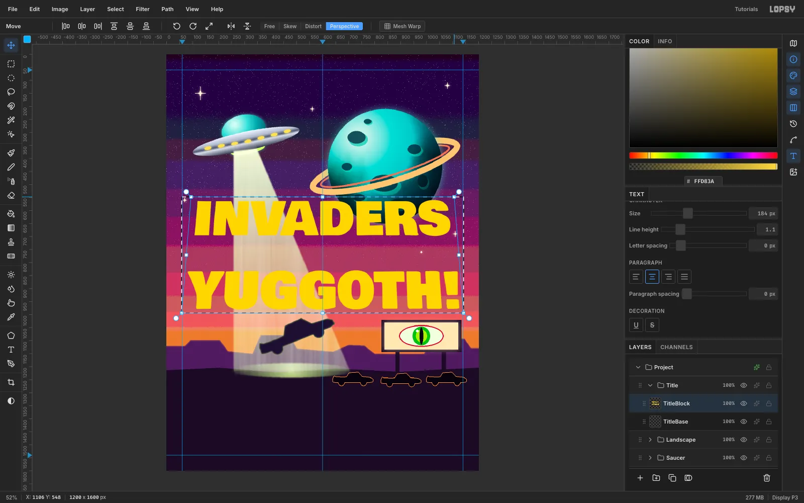 The merged title inside a Perspective transform box, with the top edge narrower than the bottom so INVADERS seems to rush toward the viewer