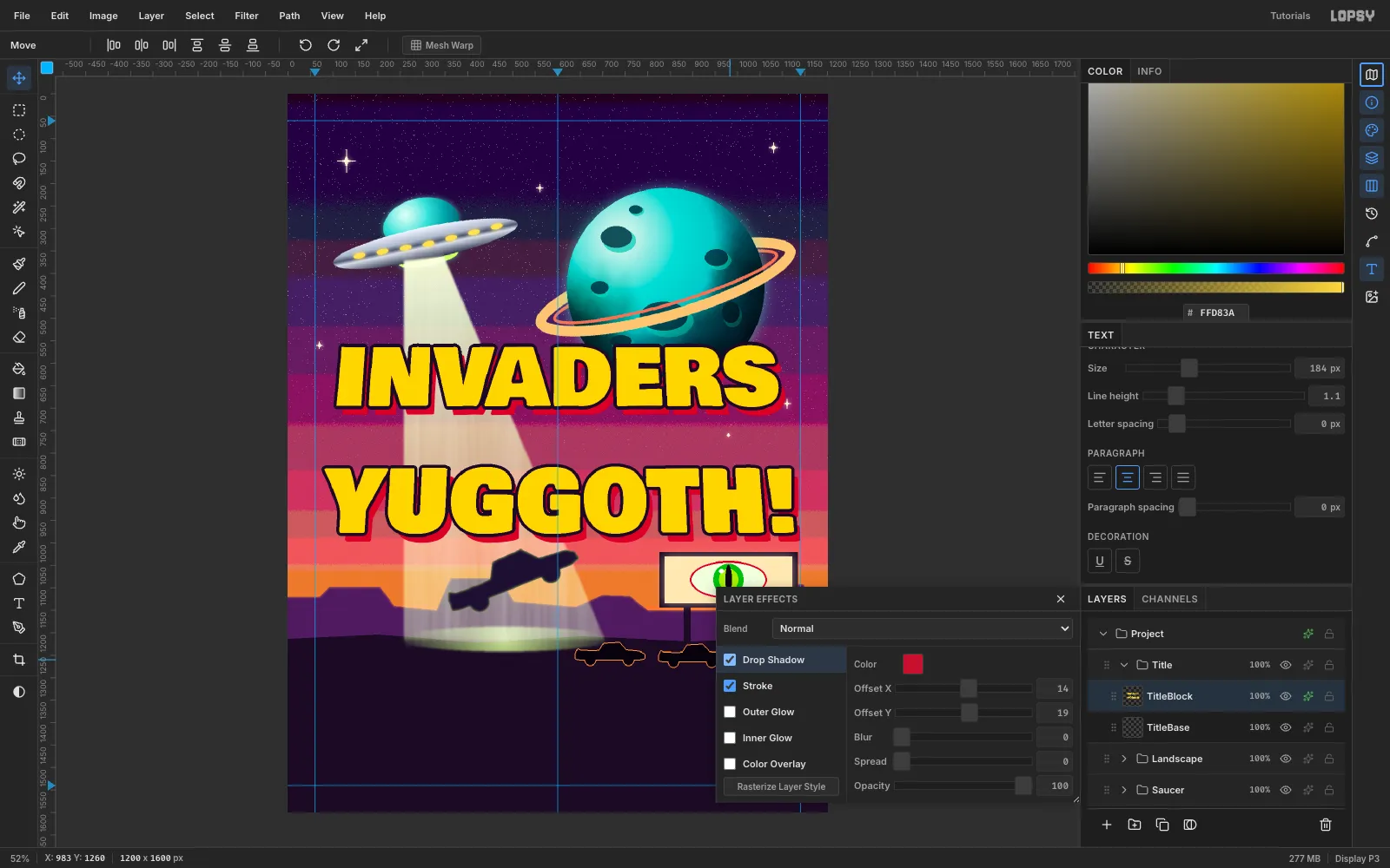 The Layer Effects drawer on TitleBlock with a dark Stroke and a hard red Drop Shadow that makes the letters look extruded