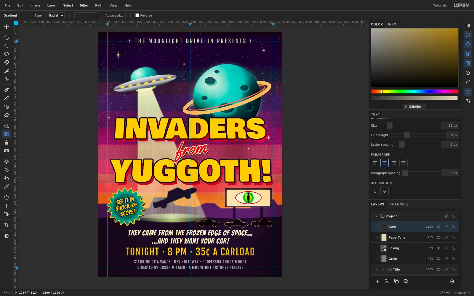 The whole flier with a warm cream paper tone, fine grain, blotchy foxing and darkened edges