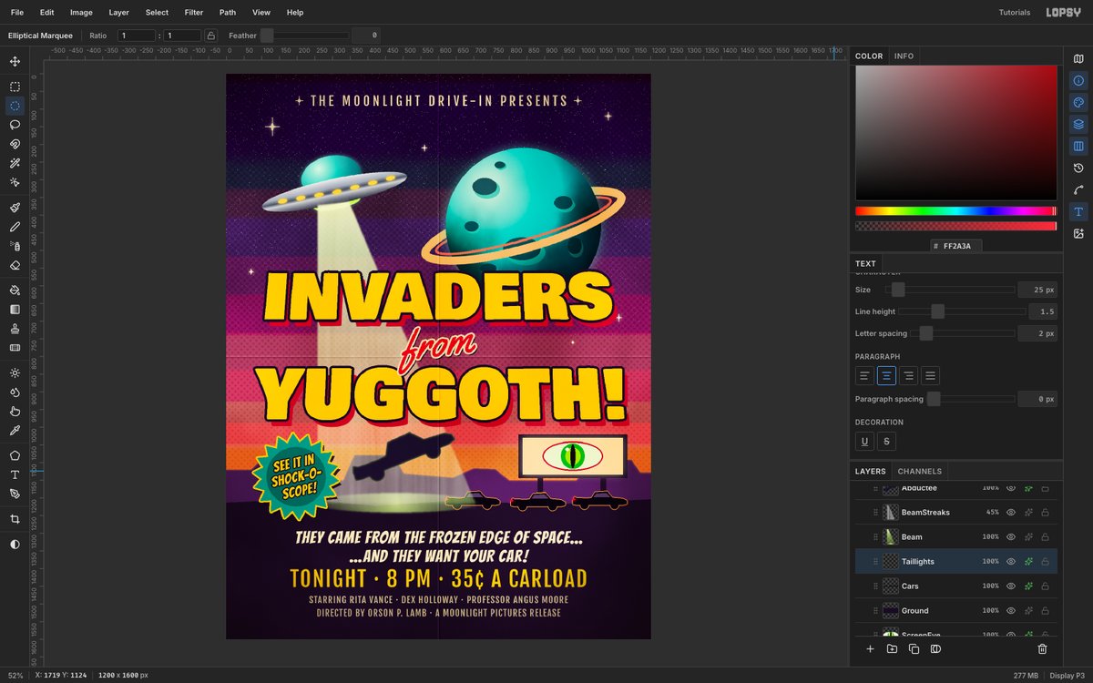 Lopsy showing the finished Invaders from Yuggoth flier, with a yellow receding title, a chrome flying saucer beaming up a car, a teal ringed planet and a drive-in screen with an alien eye