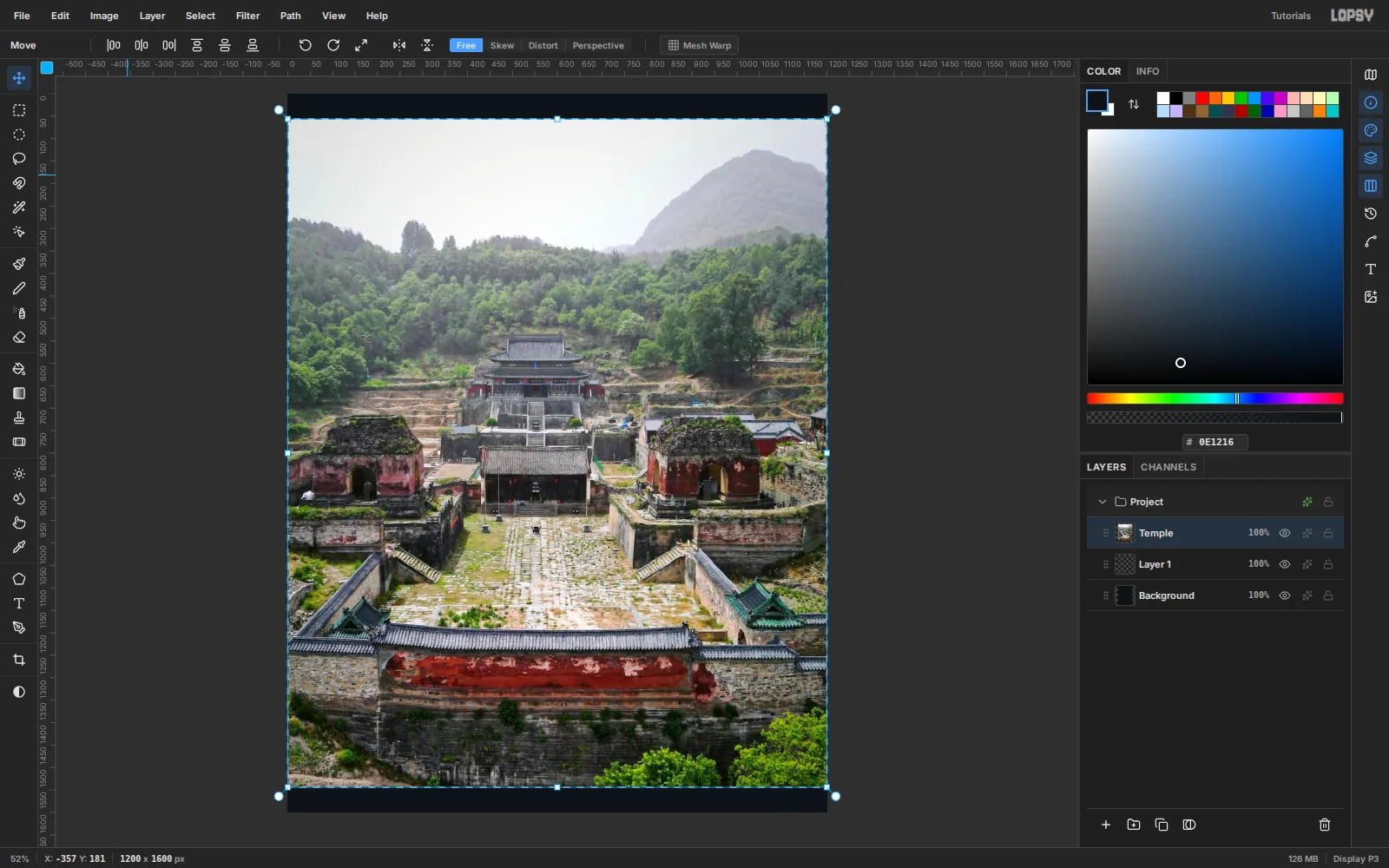 The temple photo dropped onto the canvas, fitted inside it with transform handles showing