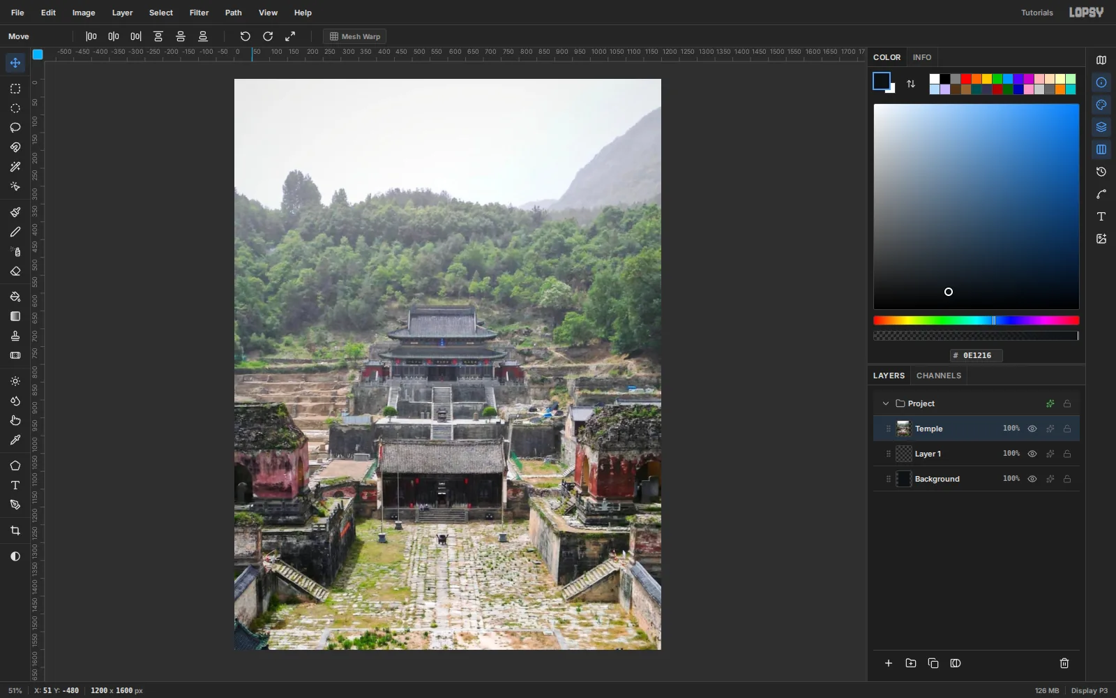 The temple enlarged so the stone courtyard fills the bottom of the poster and the central hall sits in the middle