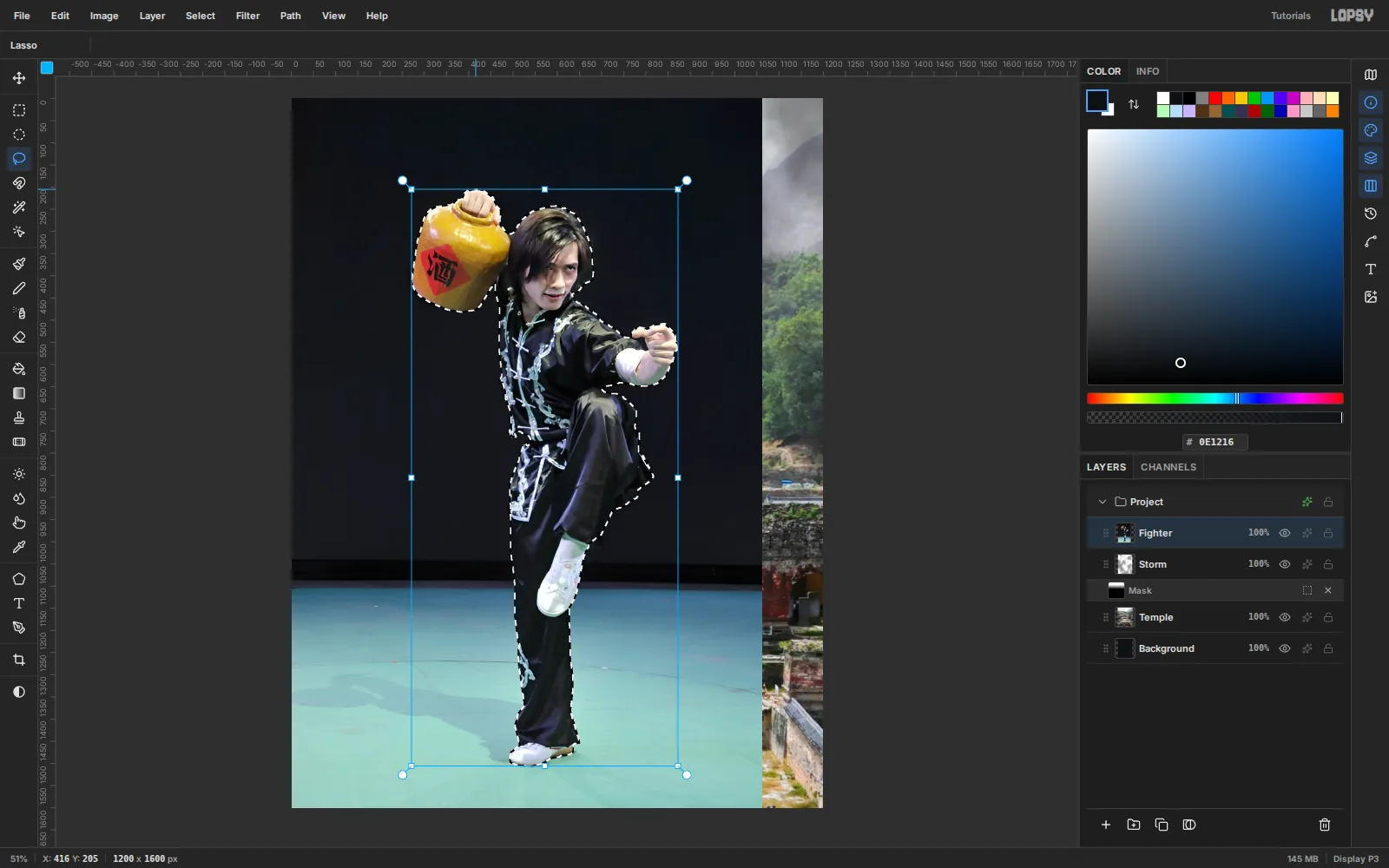 The fighter photo on its own layer with marching ants traced around his body, the wine jar and his raised knee