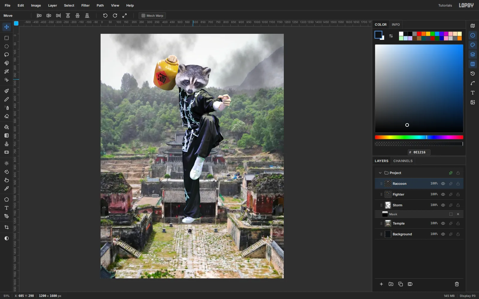 The raccoon head scaled down and placed on the fighter's collar, cheek fur overlapping the neck
