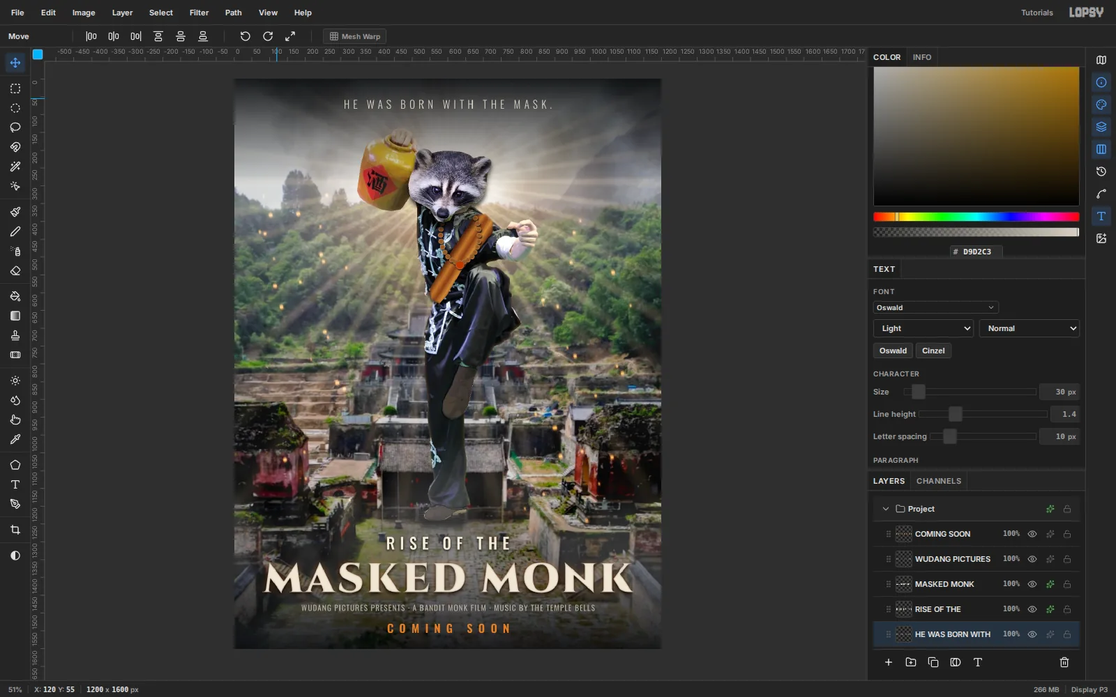 RISE OF THE MASKED MONK in pale Cinzel below the fighter's feet, with a billing line and COMING SOON, and the tagline across the top