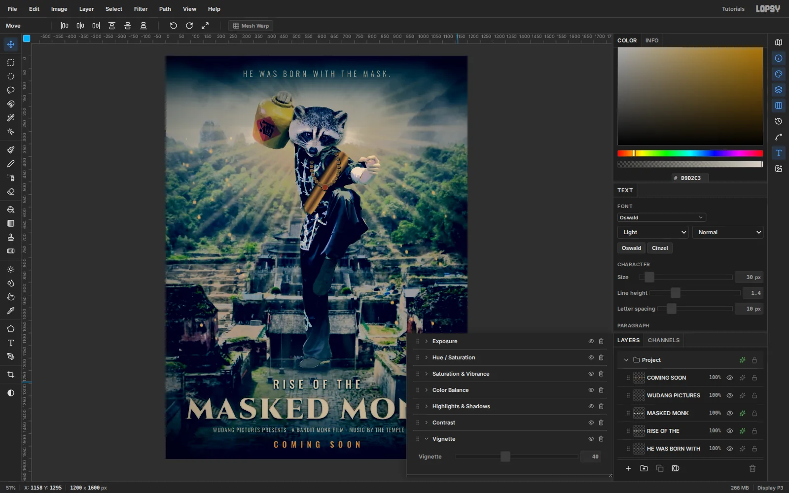 The whole poster desaturated and cooled, with the adjustments drawer listing the Levels, Curves, Exposure and Hue/Saturation defaults plus Saturation, Color Balance, Highlights and Shadows, Contrast and Vignette