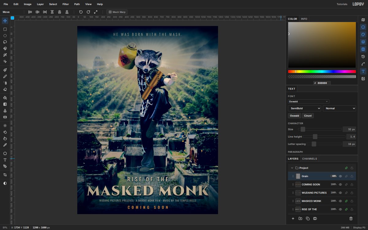 Lopsy showing the finished Rise of the Masked Monk poster, a raccoon-headed kung fu monk in a saffron sash standing on stone temple steps under a storm, with the Layers panel listing the title and grain layers