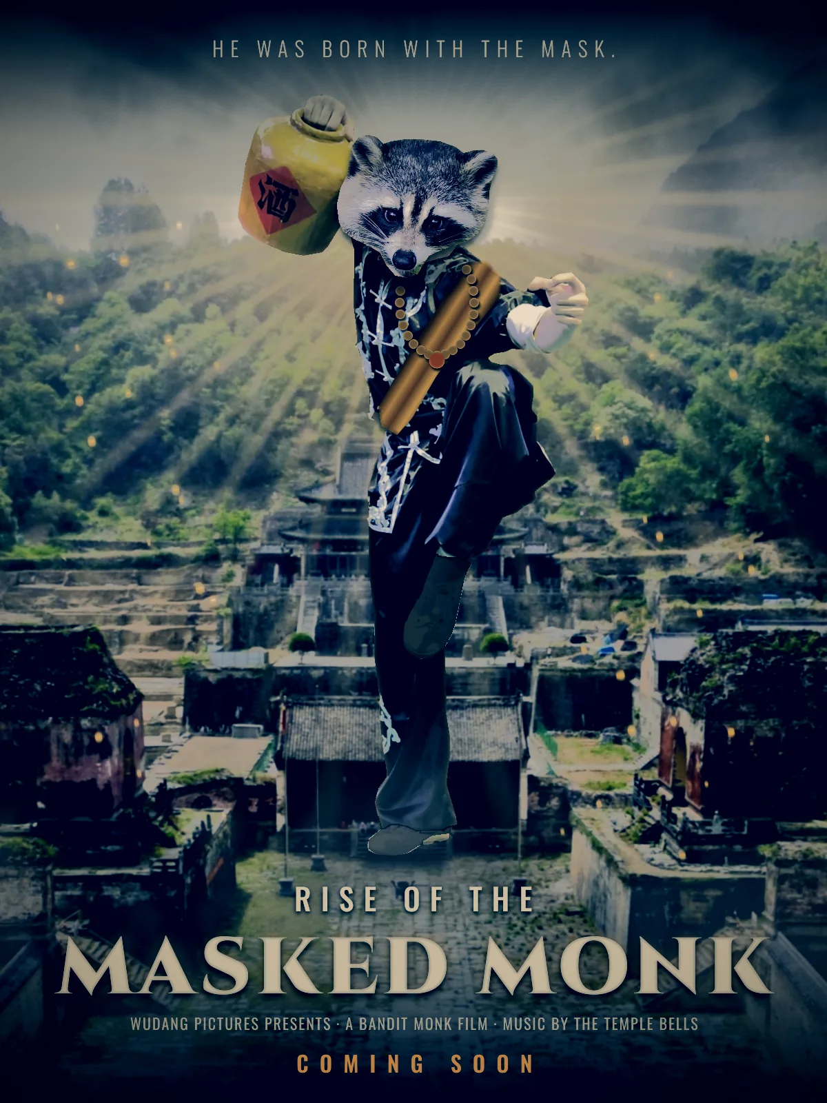 The finished Rise of the Masked Monk poster. A kung fu fighter with a raccoon's head, black cloth shoes, a saffron sash and a string of prayer beads balances on one leg on the steps of a Wudang mountain temple, holding a wine jar. Warm light rays burst from behind his head and sparks drift up around him. The image has a muted teal and amber blockbuster grade. The tagline HE WAS BORN WITH THE MASK sits at the top, and RISE OF THE MASKED MONK, a billing line and COMING SOON sit at the bottom