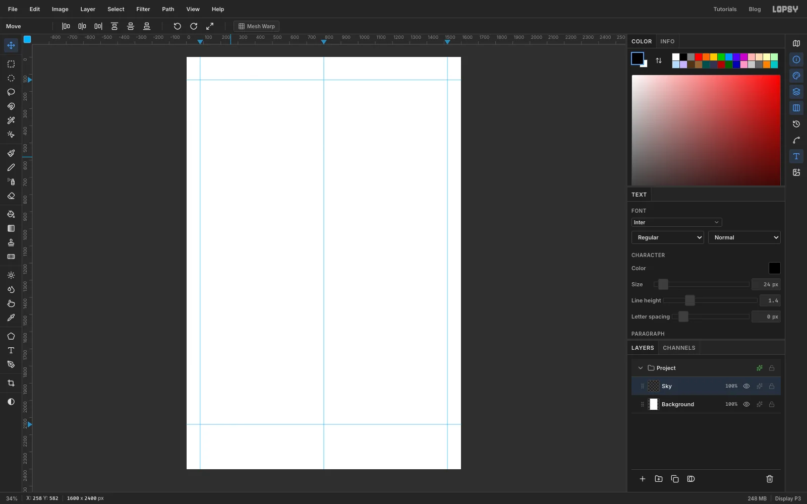 The empty canvas with three vertical guides, at the margins and the centre, and two horizontal guides, one near the top and one near the bottom