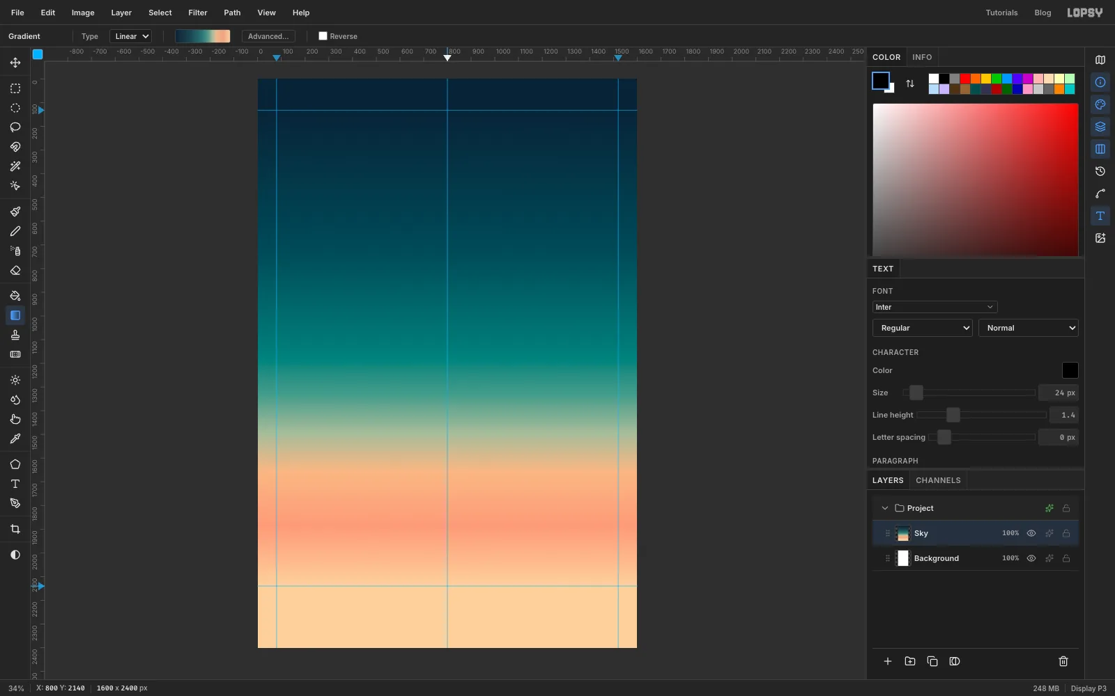 The canvas filled with a vertical gradient from deep navy at the top, through teal and pale sage, to peach and pale apricot at the bottom