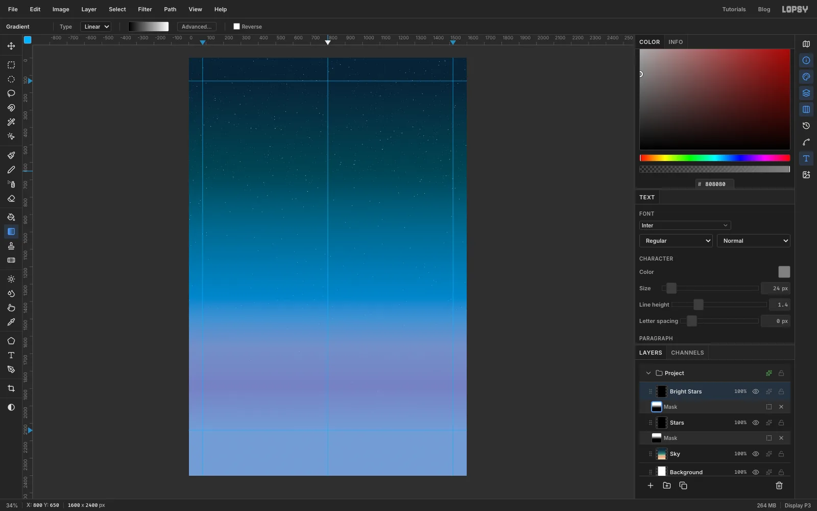 The stars layer's mask being edited: the lower half of the canvas is tinted blue where the mask hides the stars