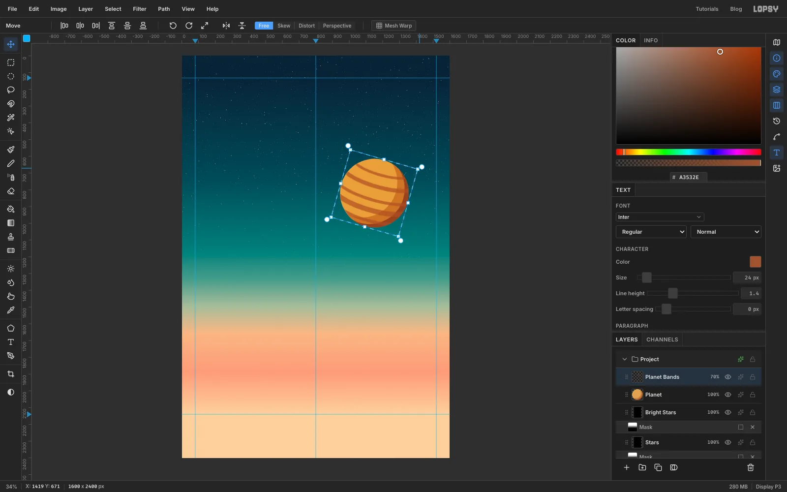 The banded planet inside a rotated bounding box while the bands are being turned clockwise