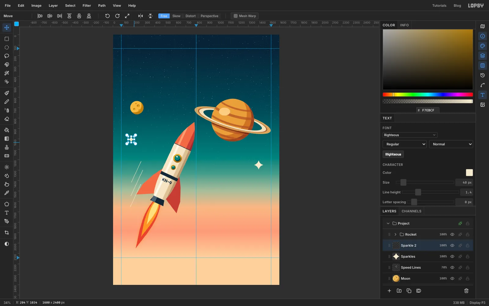 A pasted sparkle on the left side of the sky inside a small transform box, being scaled down