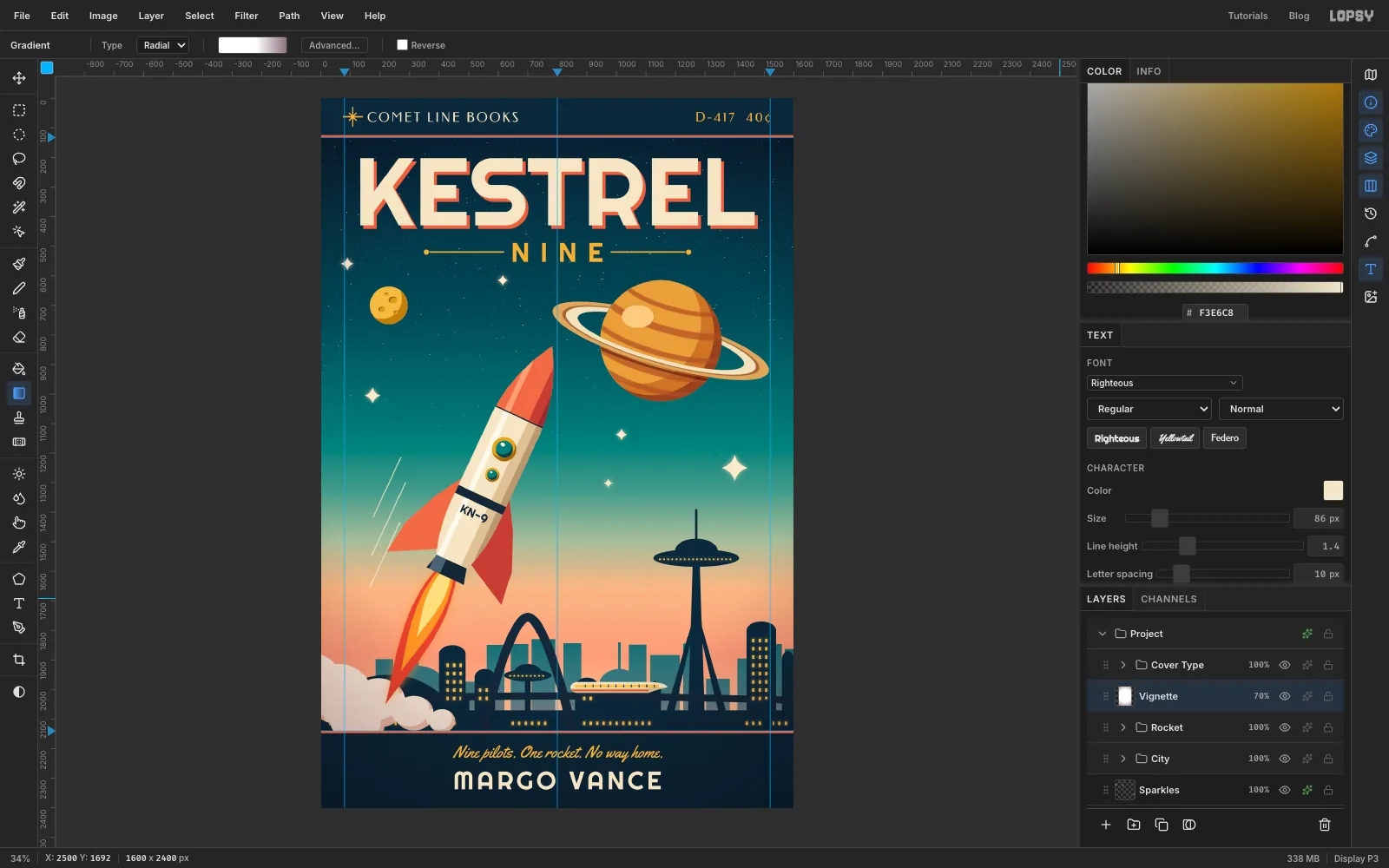 The full cover with its corners subtly darkened by a Multiply vignette layer, shown in the Layers panel above the Rocket group